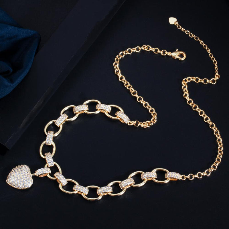 CWWZircons 585 Gold Color Cubic Zirconia Dangle Love Heart Shape Charm Bracelet Pendant Necklace Women Costume Jewelry Set  T468
