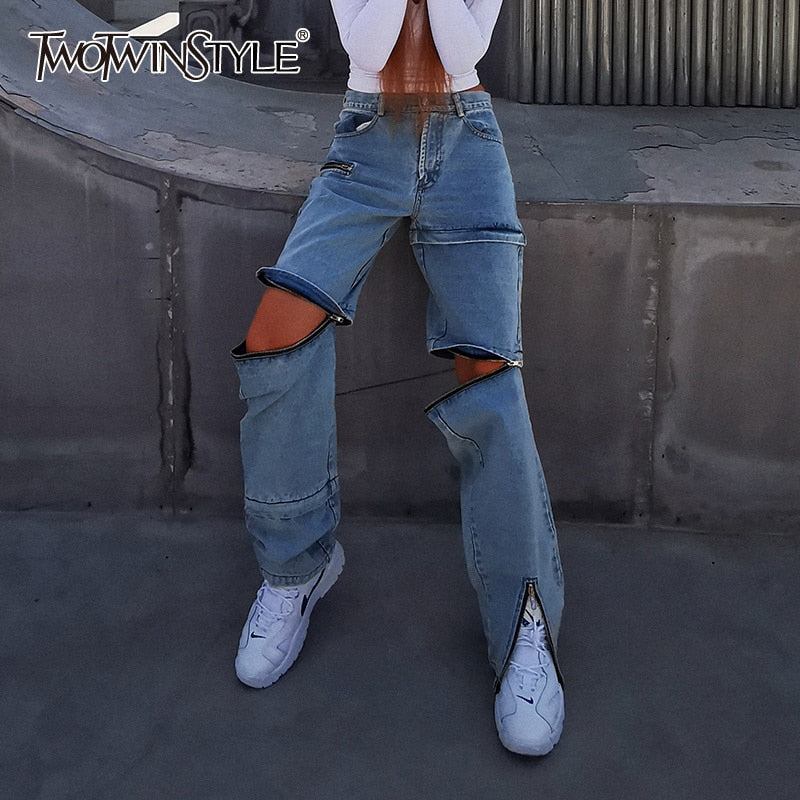 TWOTWINSTYLE Streetwear Zipper Jeans For Women High Waist Straight Casual Wide Leg Denim Pants Female Fashion New Clothing 2020