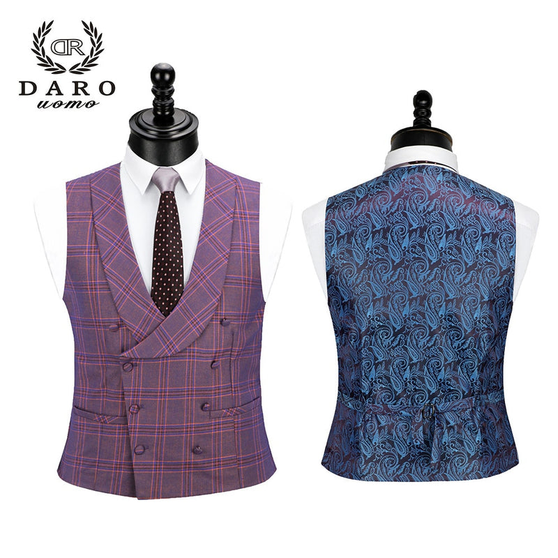 DARO 2022 nuevo traje de hombre 3 piezas traje a cuadros de moda Slim Fit azul púrpura vestido de boda trajes Blazer pantalón y chaleco DR8193