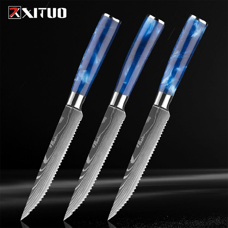 XITUO Steak Knife Set Damascus Pattern Stainless Steel Serrated Knife Beef Cleaver Multipurpose Restaurant Cutlery Table Knife