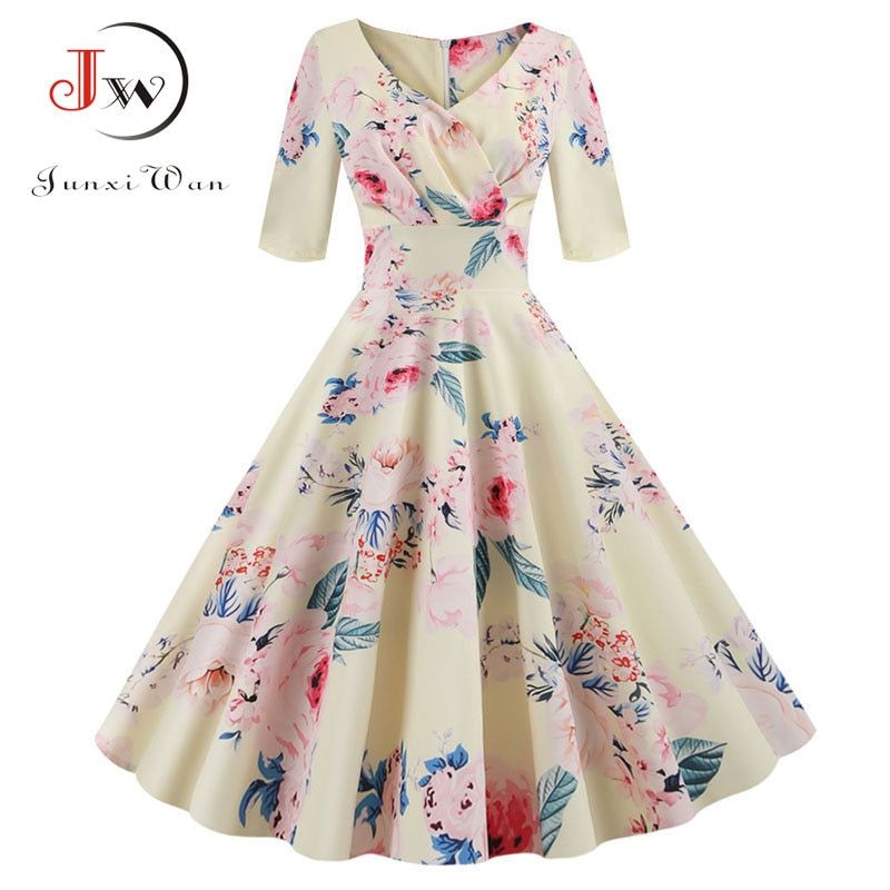 Women flower print Autumn dress Casual Winter half sleeve Elegant Vintage dress Robe femme  pinup office party vestidos