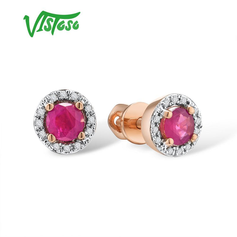 VISTOSO Gold Earrings For Women Genuine 14K 585 Yellow Rose Gold Round 4mm Emerald Blue Sapphire Ruby Stud Earrings Fine Jewelry