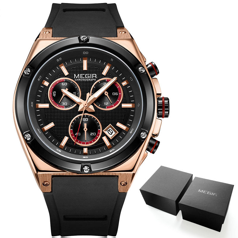 Megir Men Black Silicone Sports Quartz Wrist Watches Luminous Relojios Relojes Waterproof Chronograph Clock Montres Q2073G-BK-1