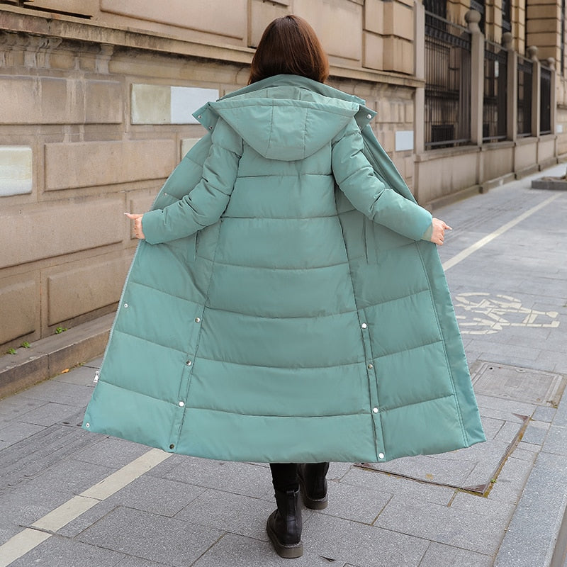 Parkas x-long para mujer, chaqueta de invierno informal con capucha sólida 2021 para mujer, abrigo grueso acolchado de algodón suelto con cuello levantado para mujer
