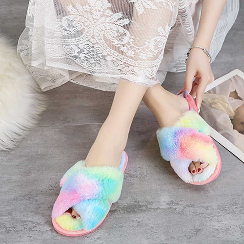 Winter Women House Slippers Cross Faux Fur Ins Fashion Warm Shoes New Indoor Warm Cotton Slippers Thickened Leak-Toe Fur Slides