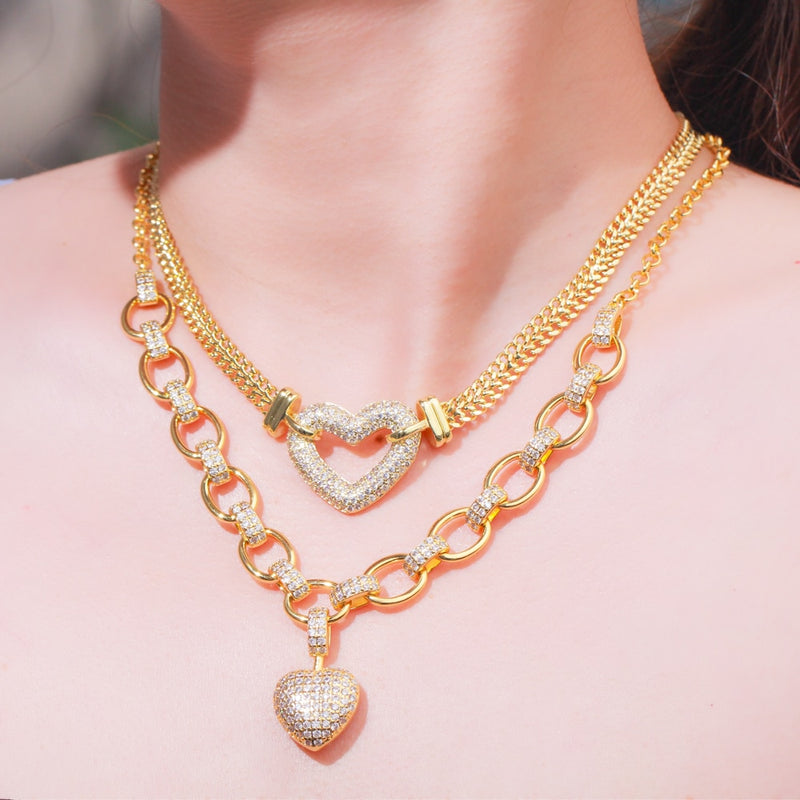 CWWZircons 585 Gold Color Cubic Zirconia Dangle Love Heart Shape Charm Bracelet Pendant Necklace Women Costume Jewelry Set  T468