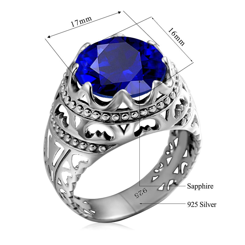 Szjinao Pure 925 Sterling Silver 13*13mm Round Big Sapphire Rings For Men Gemstone Male Punk Vintage Jewellery Dropship Supplier
