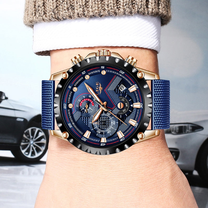 2022 New LIGE Blue Casual Mesh Belt Fashion Quartz Gold Watch Mens Watches Top Brand Luxury Waterproof Clock Relogio Masculino