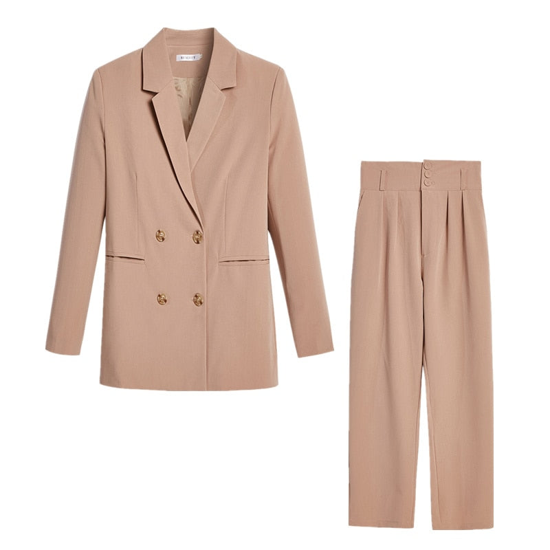 REALEFT 2021 New Autumn Winter Women's Pant Suit Double Breasted Notched Blazer Jacket & Pant Office Wear Women Suit Female Sets