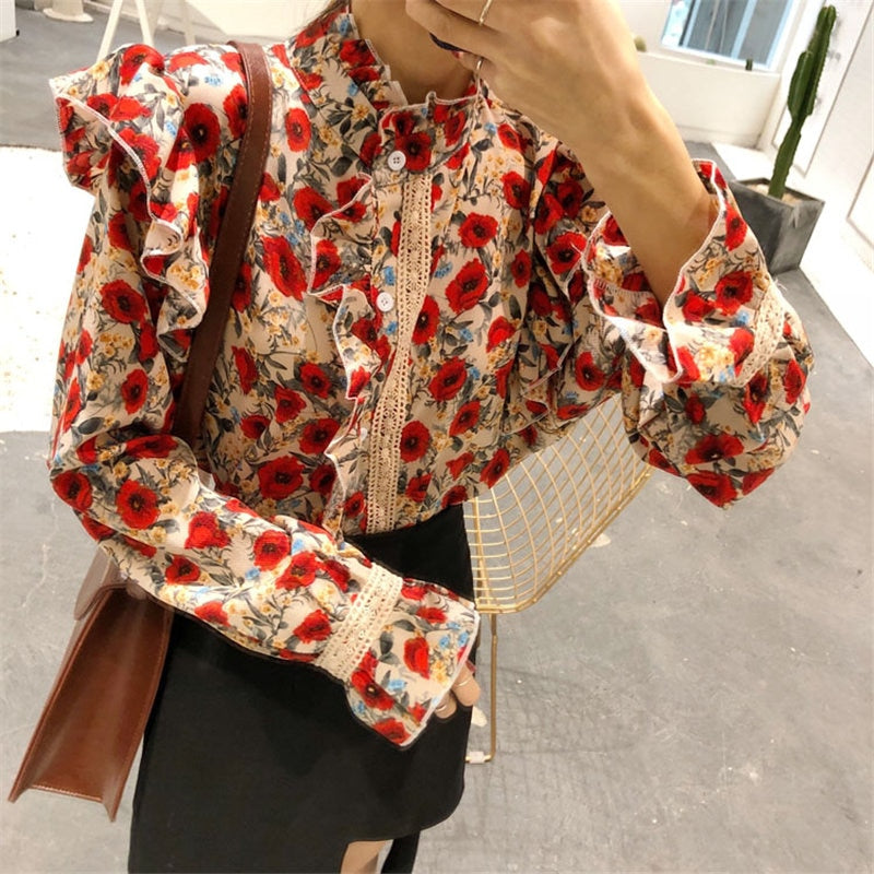 Alien Kitty Plissee Blumen stehen feminin aushöhlen schick 2020 All-Match Sweet Flare Sleeves Frauen lose Bürodamenblusen