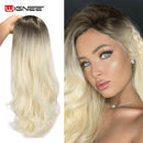 Wignee Synthetische Perücke mit rosa Haaren, lange gewellte Perücken, hitzebeständig, für Frauen, Alltag/Party, natürliche schwarze bis braune/lila/aschblonde Perücke