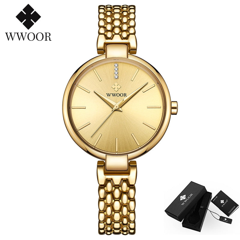 Reloj elegante WWOOR para mujer, reloj de pulsera de cuarzo con diamantes, conjunto de relojes de marca superior de lujo para mujer, reloj de pulsera, reloj femenino