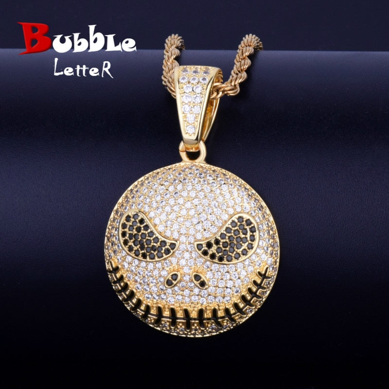 Character Round Face Pendant Necklace Gold Color Cubic Zircon Men&