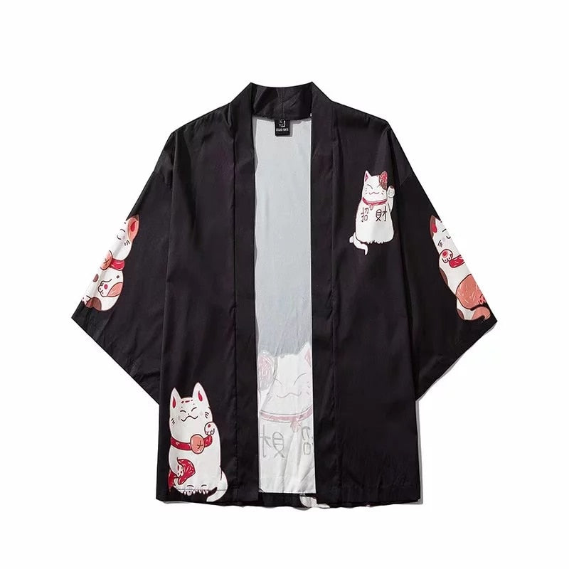 Bebovizi Japan Style Clothes Men Summer Streetwear Cat Print Kimono Cardigan Mandarin Robe Men Unisex Japanese Trend Kimonos