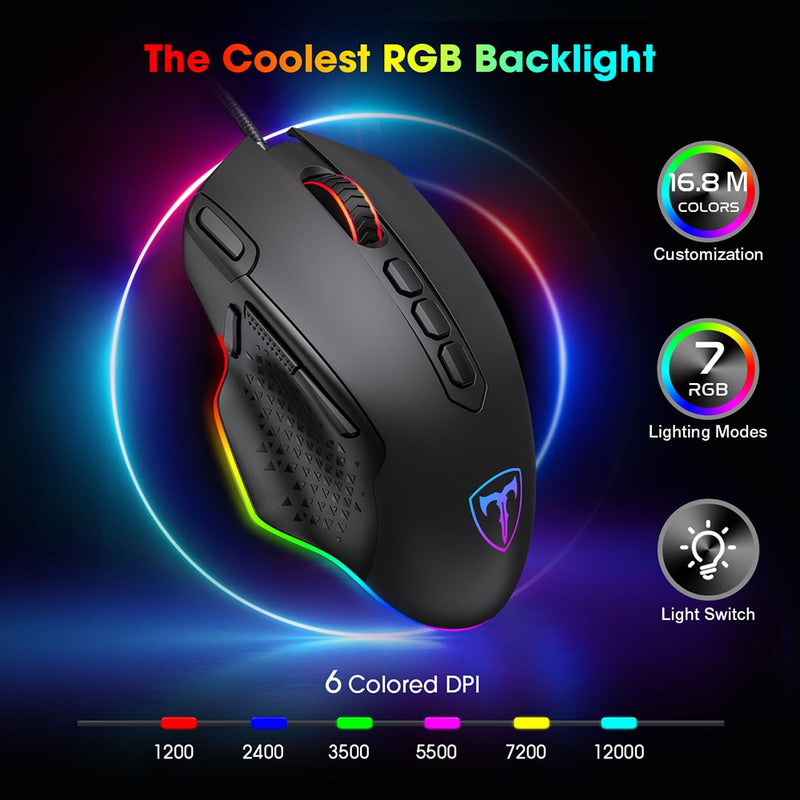 PICTEK PC257 Gaming Mouse Wired 12000 DPI Ergonomic Mouse USB With RGB Backlit 10 Programmable Buttons For Computer Gamer Mice