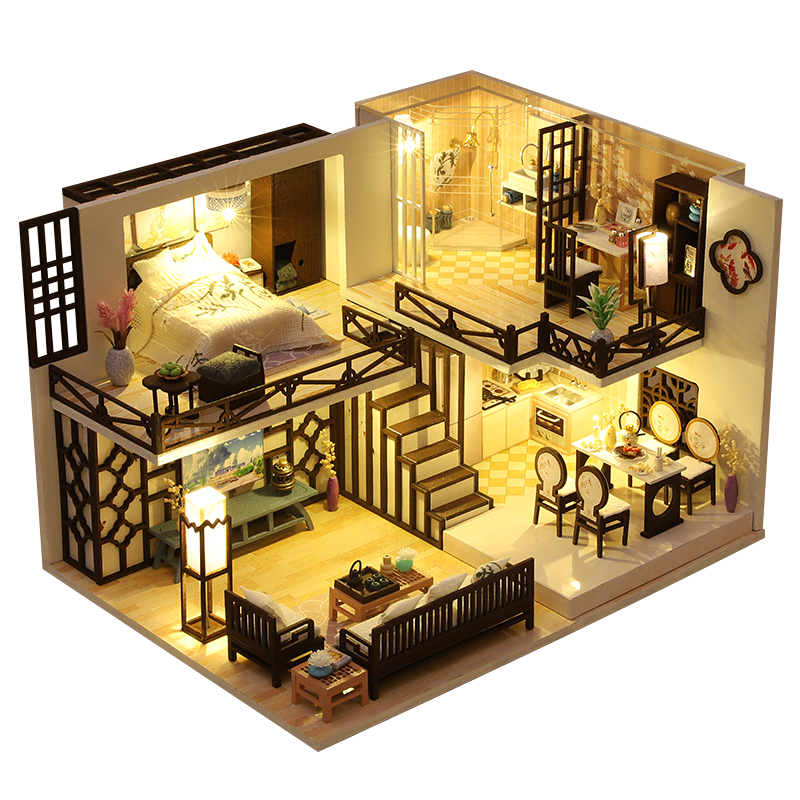 CUTEBEE Dollhouse Kit with Furniture Led Lights Diy Miniature House to Build Tiny Doll House Cozy Time for Children Toy Gift