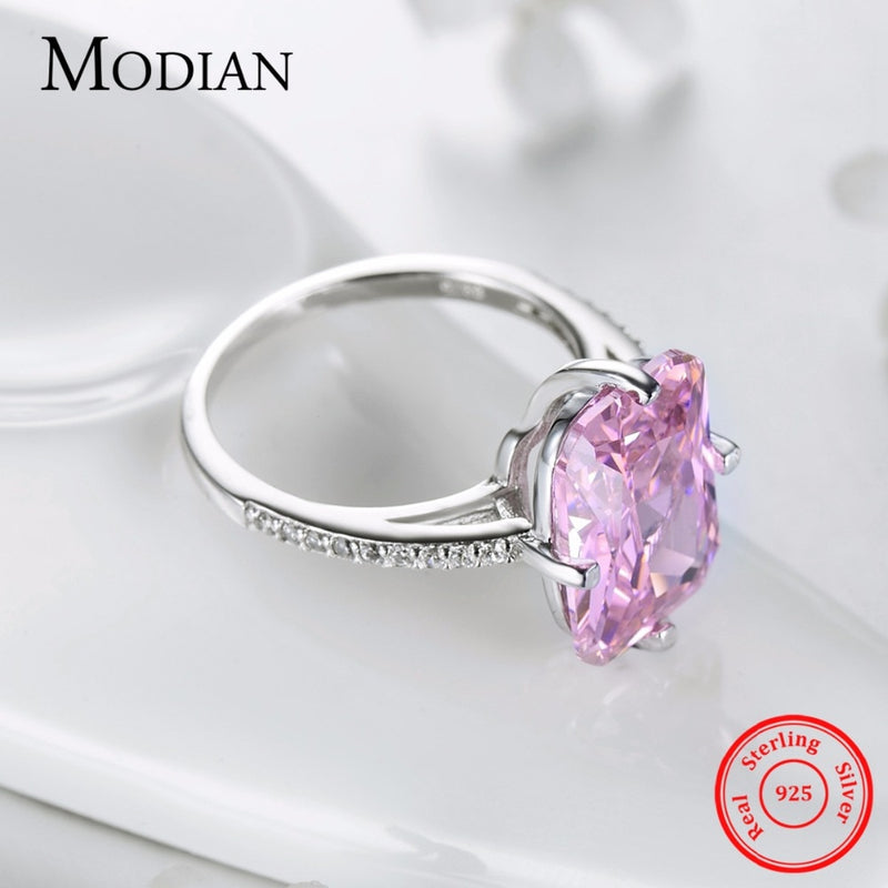 Modian Hot Sale 100% 925 Sterling Silver Luxury Rings Fashion Pink Crystal Party Rings For Women Engagement Jewelry Couples Gift