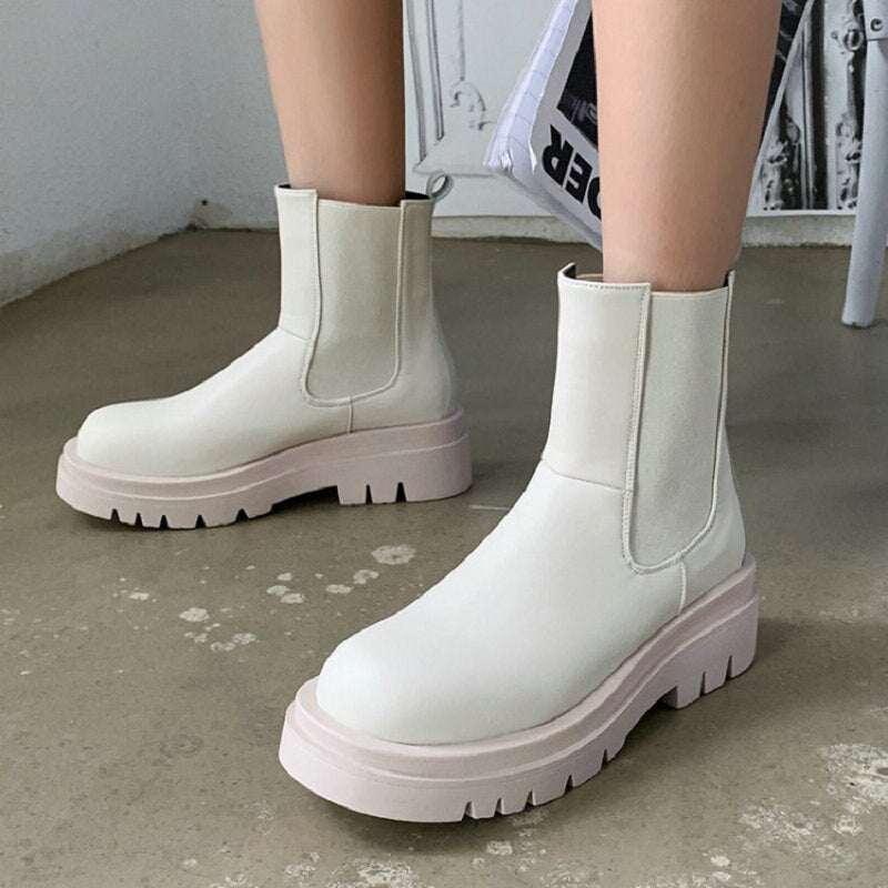Luxury brand round toe platform ankle boots for woman slip-on chunky heels winter warm fleece chelsea boots women big size 43