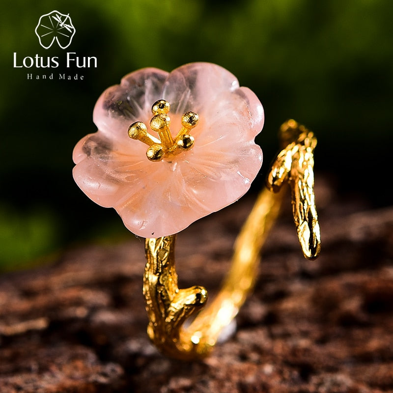 Lotus Fun Real 925 Sterling Silver Natural Gemstones Fine Jewelry Cute Flower in the Rain Ring Open Rings for Women Accessories