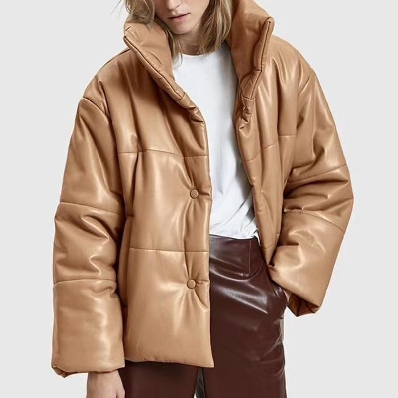 Tangada Women brown fur faux leather jacket coat buttons 2022 Winter Female pu turn down collar jacket overcoat
