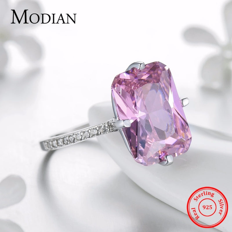 Modian Hot Sale 100% 925 Sterling Silver Luxury Rings Fashion Pink Crystal Party Rings For Women Engagement Jewelry Couples Gift