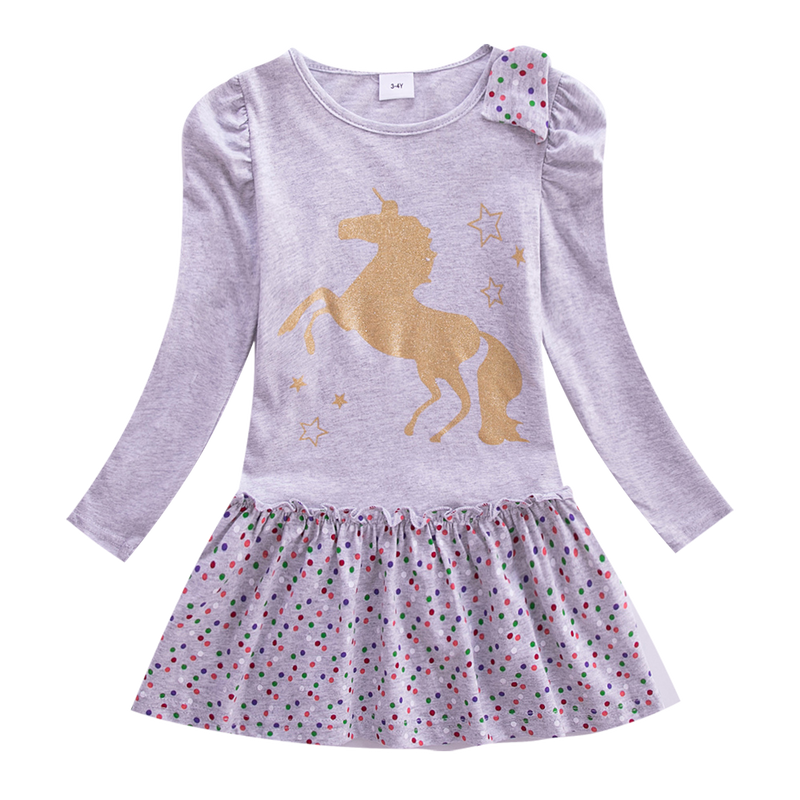 Girls Long Sleeve Star Embroidered Dress Girls Autumn New Style Two Pocket Rainbow Striped Sleeve Cotton Dress LH5809