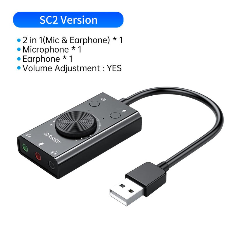 Tarjeta de sonido USB externa ORICO, micrófono estéreo, altavoz, auriculares, conector de Audio, adaptador de Cable de 3,5mm, interruptor de silencio, ajuste de volumen, unidad libre