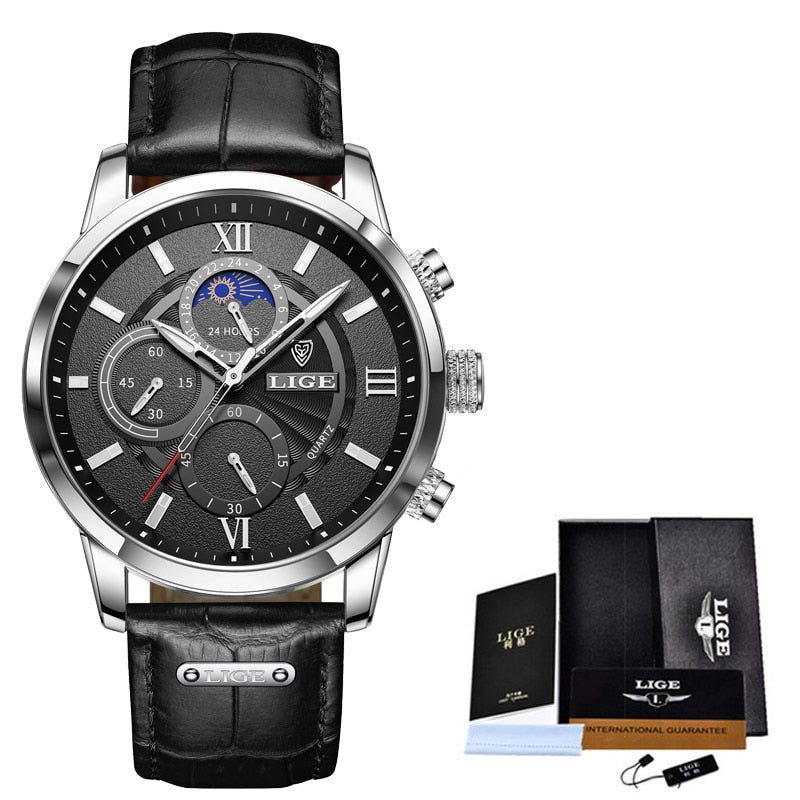 2022 LIGE Uhren Herren Top-Marke Luxus Uhr Casual Leder 24 Stunden Mondphase Herrenuhr Sport Wasserdicht Quarz Chronograph + Box