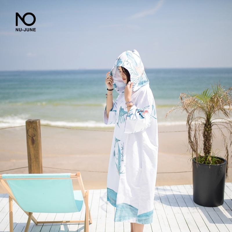 Nu-June Microfiber Printing Changing Robe Bath Towel Outdoor Hooded Beach Towel Poncho Women Man Swimming Diving Bathrobe Cloak