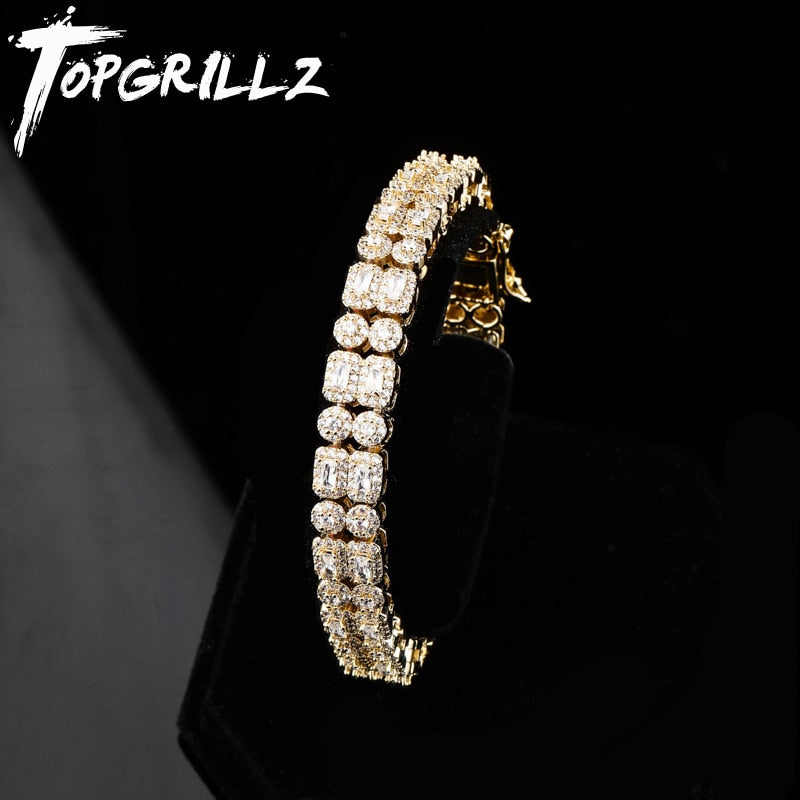 TOPGRILLZ 10mm Double Row Zircon Round Square Iced Out Gold Silver Color Personality Hip Hop Barcelets