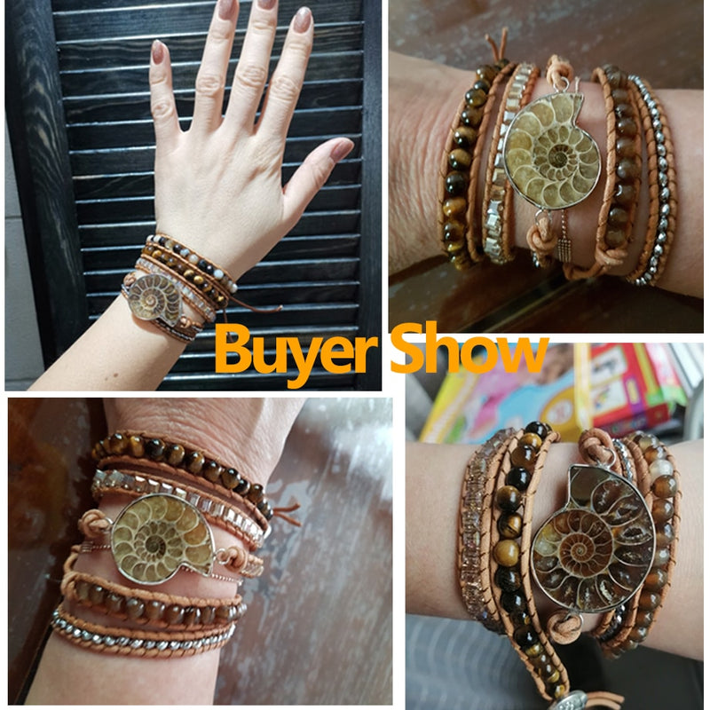 CSJA Boho Leather Wrap Bracelet Natural Stone Bracelets for Women Tiger Eye Bead Multilayer Wickelarmband S475