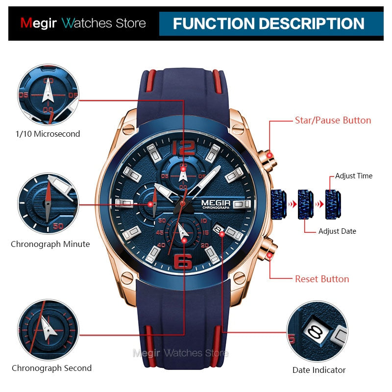 Megir, relojes de cuarzo con cronógrafo para hombre, reloj de pulsera resistente al agua de lujo, reloj deportivo militar de marca superior, relojes Masculinos 2063