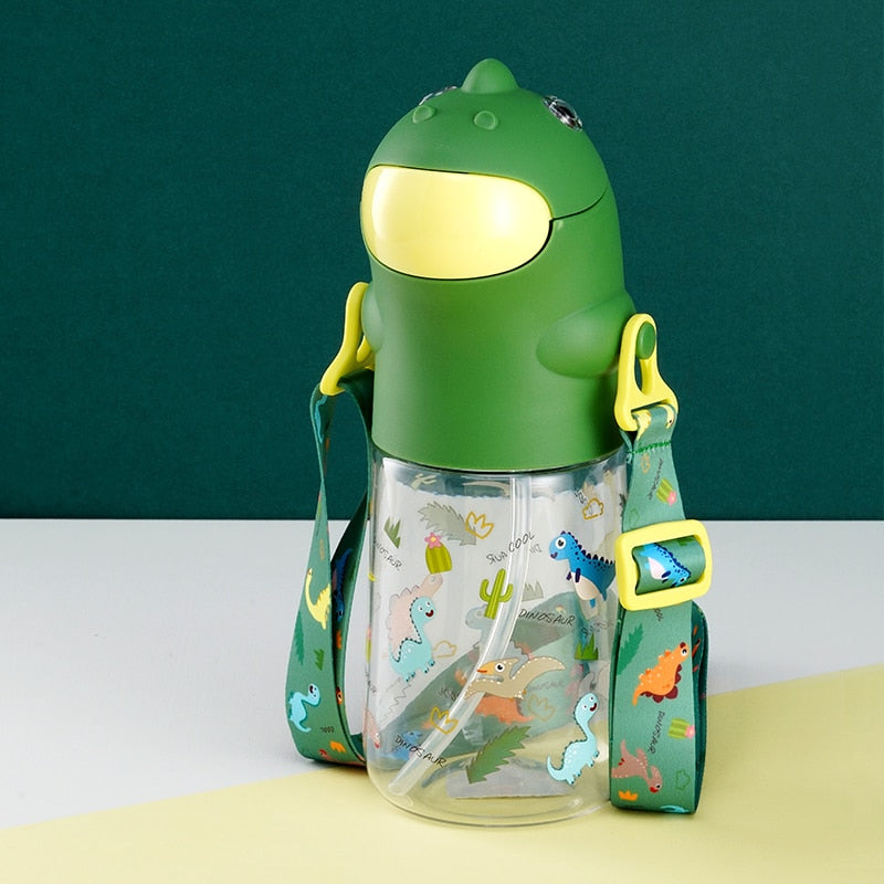 Nueva tetera de paja para niños Pinkah con correa para el hombro, botella de agua de plástico portátil para escuela, forma creativa de dinosaurio de dibujos animados, 450ML