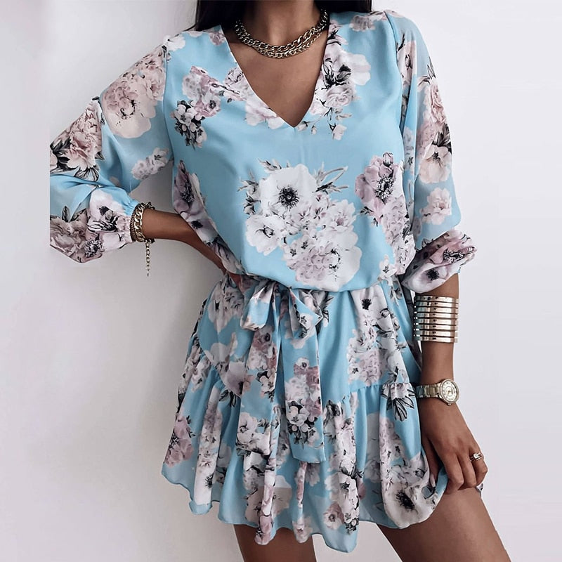 Primavera mujer gasa cuello en V flor estampado vestido Casual manga larga Vestido corto mujer Boho ocio A Line Vestidos de fiesta 2021