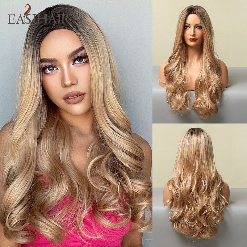 EASIHAIR Long Body Wave Light Brown Wigs with Blonde Highlights Middle Part Cosplay Heat Resistant Synthetic Hair Wigs for Women