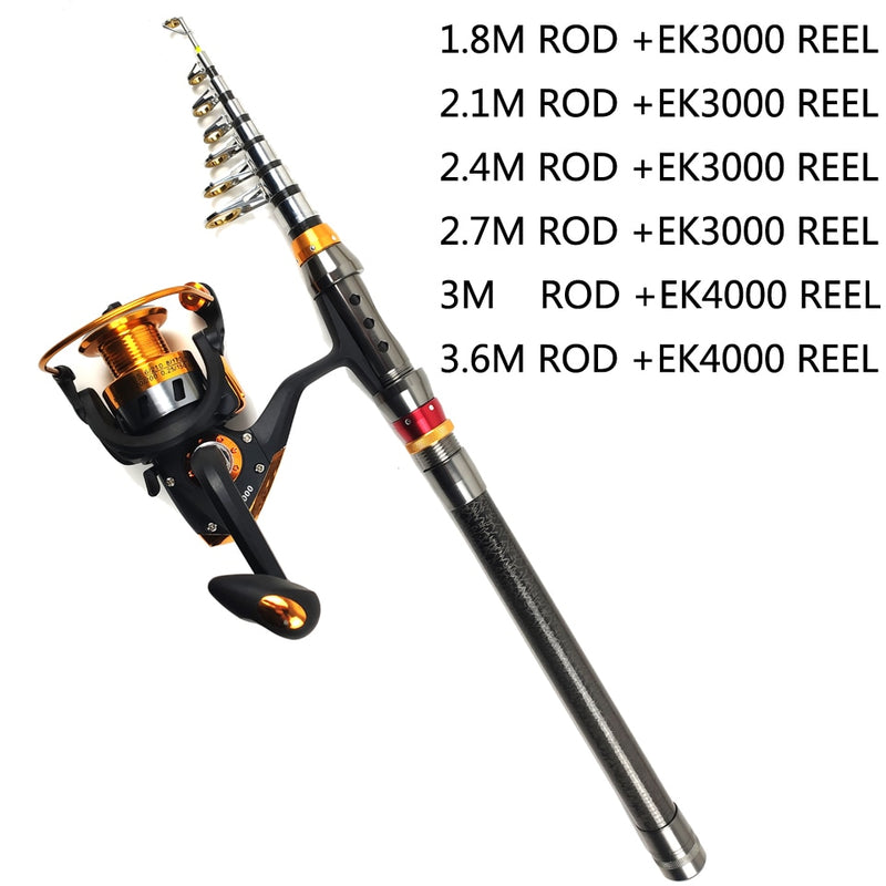1.8-3.6m carbon telescopic fishing rod combo spinning reel fishing set Short  travel stick carp bass pike feeder rod full kit