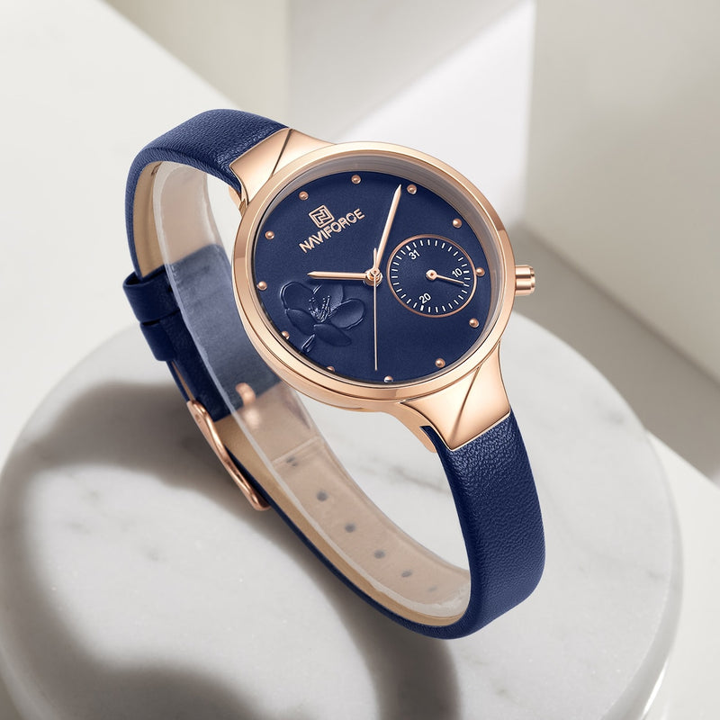 NAVIFORCE Women Fashion Blue Quartz Watch Lady Leather Watchband High Quality Casual Waterproof Wristwatch Gift for Wife 2019