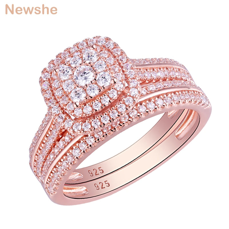 Newshe Double Halo Rose Gold 925 Silver Engagement Ring Bridal Set for Women AAAAA Cubic Zircon Romantic Wedding Jewelry