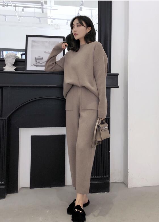 Knitted 2 pieces Set Tracksuits Women 2021 Autumn Winter Thick Warm O-neck Loose Sweater+Ankle-Length Pants Warm Cashmere Suit