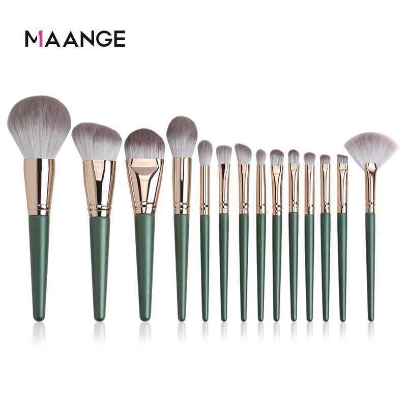 MANGE 14-teiliges Make-up-Pinsel-Set, grün, groß, loses Puder, Hochglanz, Lidschatten, Foundation, Kontur, Kunsthaar, kosmetische Werkzeuge