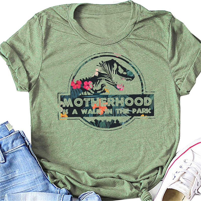 MOTHERHOOD IS A WALK IN THE PARK Letter Harajuku Print Women T shirt Cute Dinosaur Head Graphic Tshirt Female Vintage T-shirt