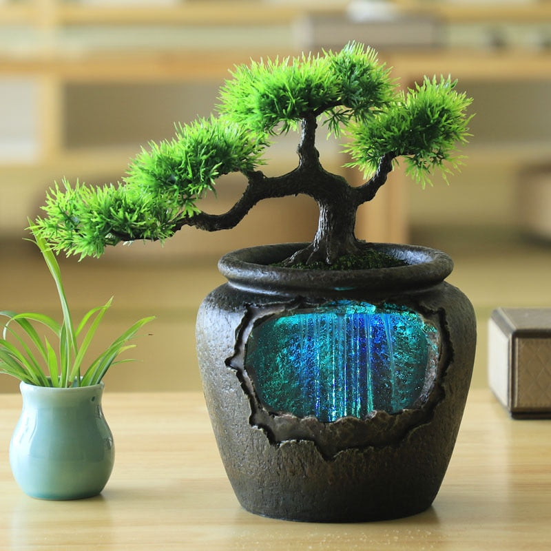 Creative Indoor Resin Flower Pot Flowing Water Waterfall Statue Feng Shui 7-Color Led Change Home Garden Simulation Crafts