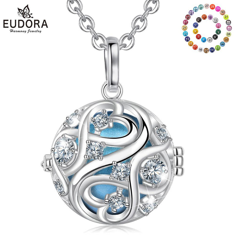 EUDORA 20mm Unique Crystal Cage Harmony Ball Musical Pendant Angel Caller Necklace with Infinite knot For Pregnancy Jewelry K363