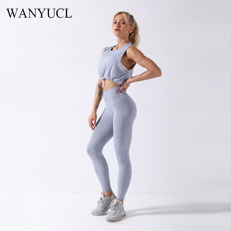 WANYUCL 2021 Seamless Suit Women 2pcs Sport Leggings And Top Workout Sleeveless Vest Elastic Yoga Set Girl Fitness Gym Sportwear