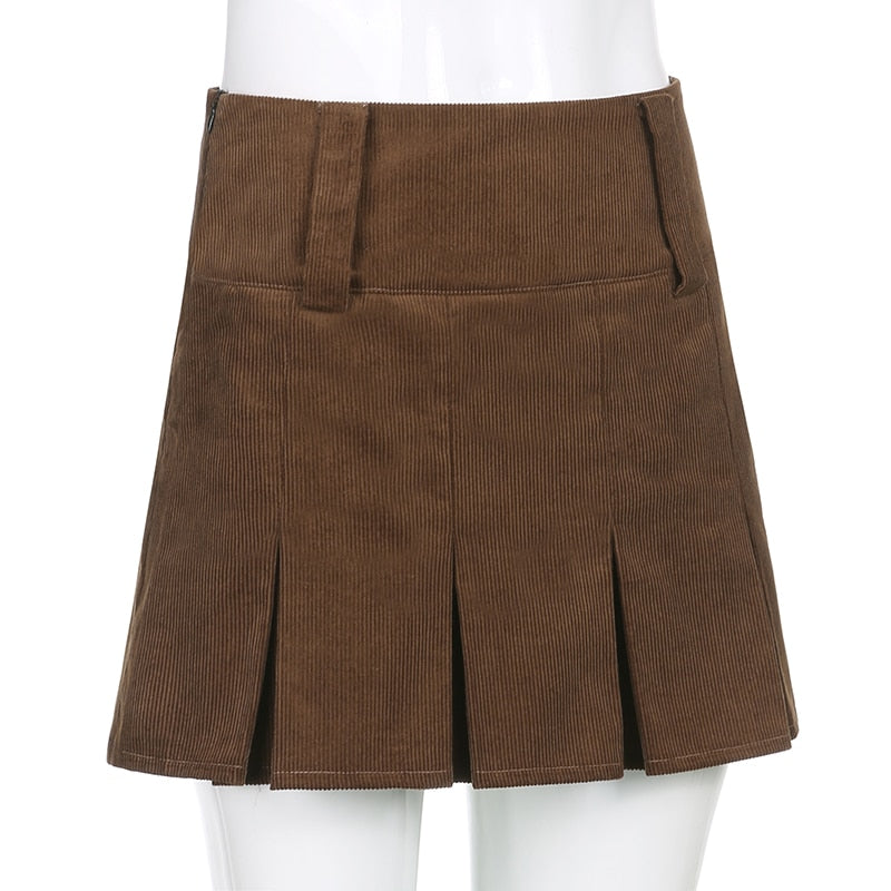 Sweetown Brown Vintage Cord Faltenröcke Damen 90er Jahre Neue Ästhetische Schulmädchen Minirock Hohe Taille Süße Kawaii Kleidung