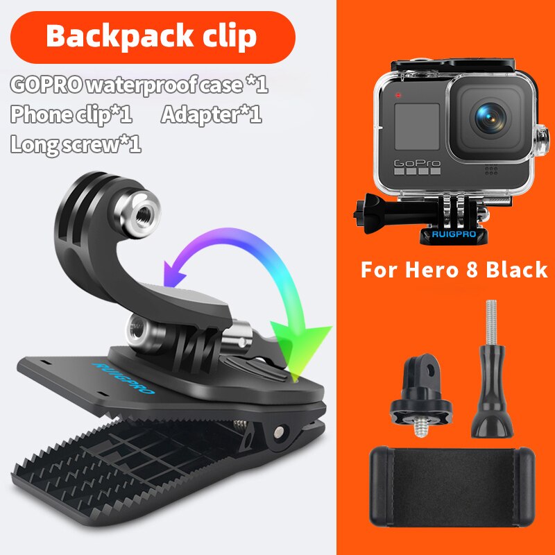 Para accesorios Go Pro, mochila con rotación de 360 ​​grados, abrazadera de Clip para GoPro Hero11 10 9 8 7 6 5Xiaomi yi para teléfono SJCAM SJ4000