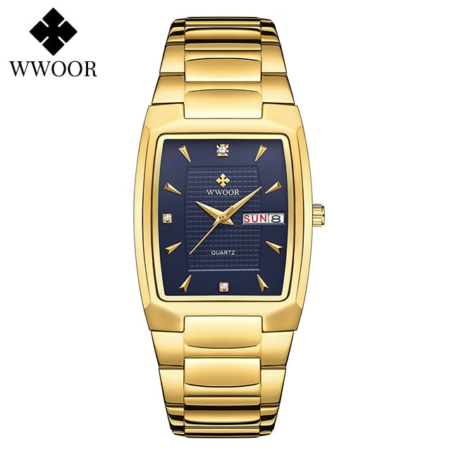 Relogio Masculino WWOOR 2022 Neue quadratische Uhr Herren mit automatischem Wochendatum Mann Quarz Armbanduhren Luxus Edelstahl Gold