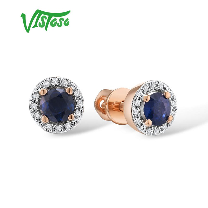 VISTOSO pendientes de oro para mujer genuino 14K 585 oro rosa amarillo redondo 4mm esmeralda azul zafiro rubí pendientes de tuerca joyería fina