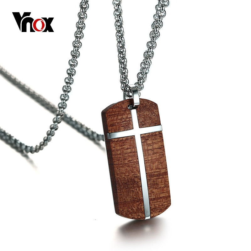 Vnox Vintage Rosewood Men Pendant Necklace Real Wood Wooden Stainless Steel Cross Office Jewelry drop shipping