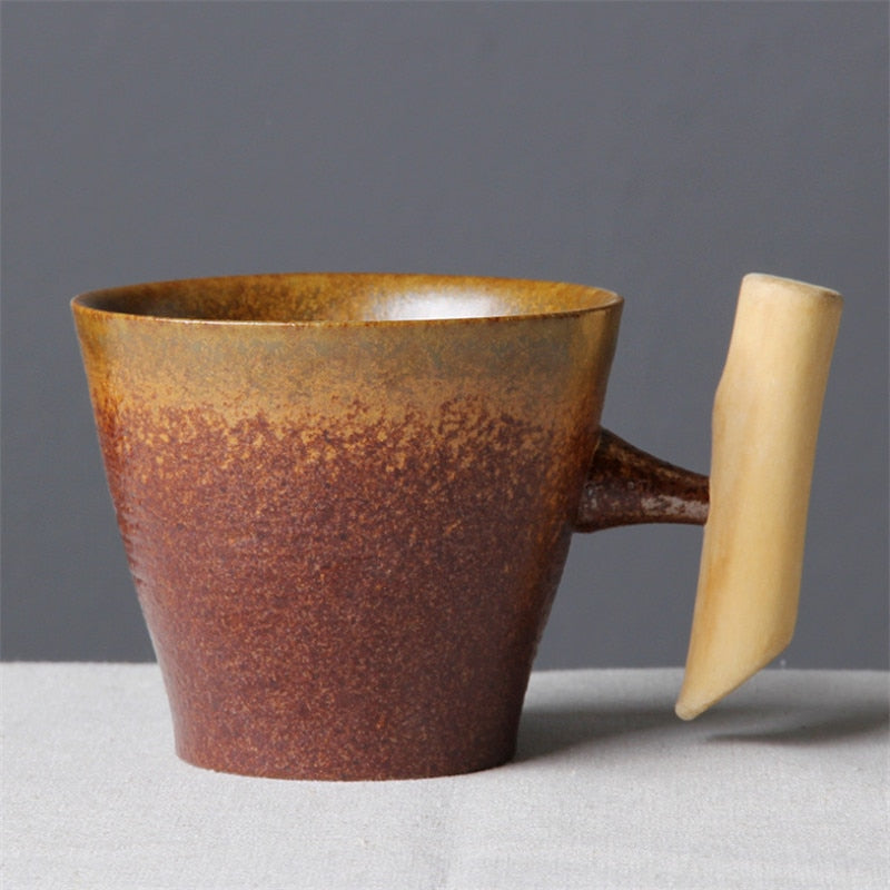 Taza de café de cerámica Vintage de estilo japonés, vaso con esmalte oxidado, taza de cerveza de té con mango de madera, taza de agua para el hogar y la Oficina